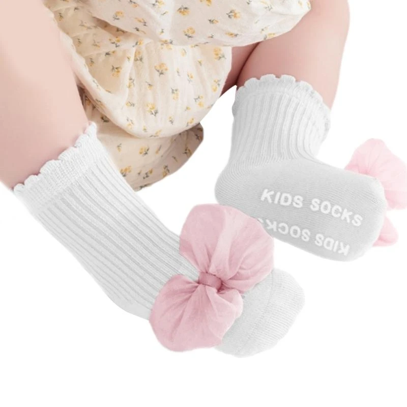 M76C Calcetines hasta rodilla algodón para niñas con parte inferior antideslizante y bonito lazo encaje, calcetines a 1 - imagen 4