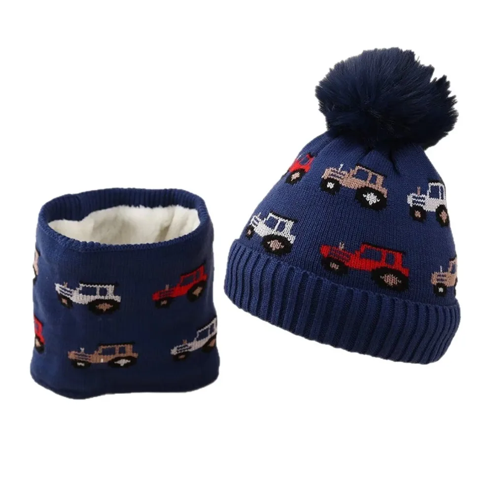 Gorro de punto con diseño de coche para niños, conjunto de bufanda, protección para los oídos, gorro de punto grueso, bufanda, forro polar, calentador de cuello a prueba de viento - imagen 2