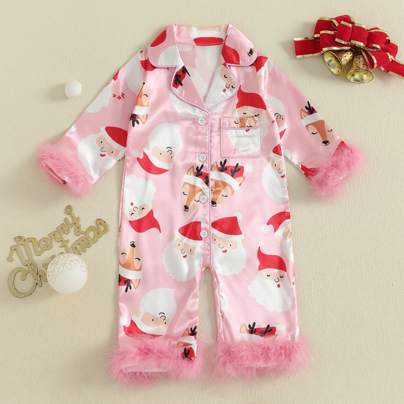 VISgogo Pijamas navideños para niña de 0 a 24 meses, solapa de manga larga, Papá Noel/punto/calcetines/monos con estampado de bastón de caramelo, pijama - imagen 2
