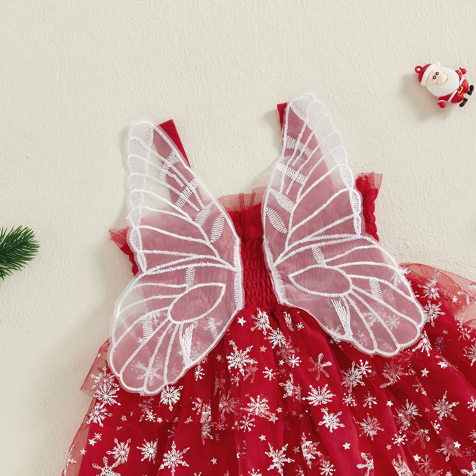 VISgogo Vestido de Navidad para niña pequeña con estampado de copos de nieve, sin mangas, de tul, línea A, con ala de mariposa - imagen 5