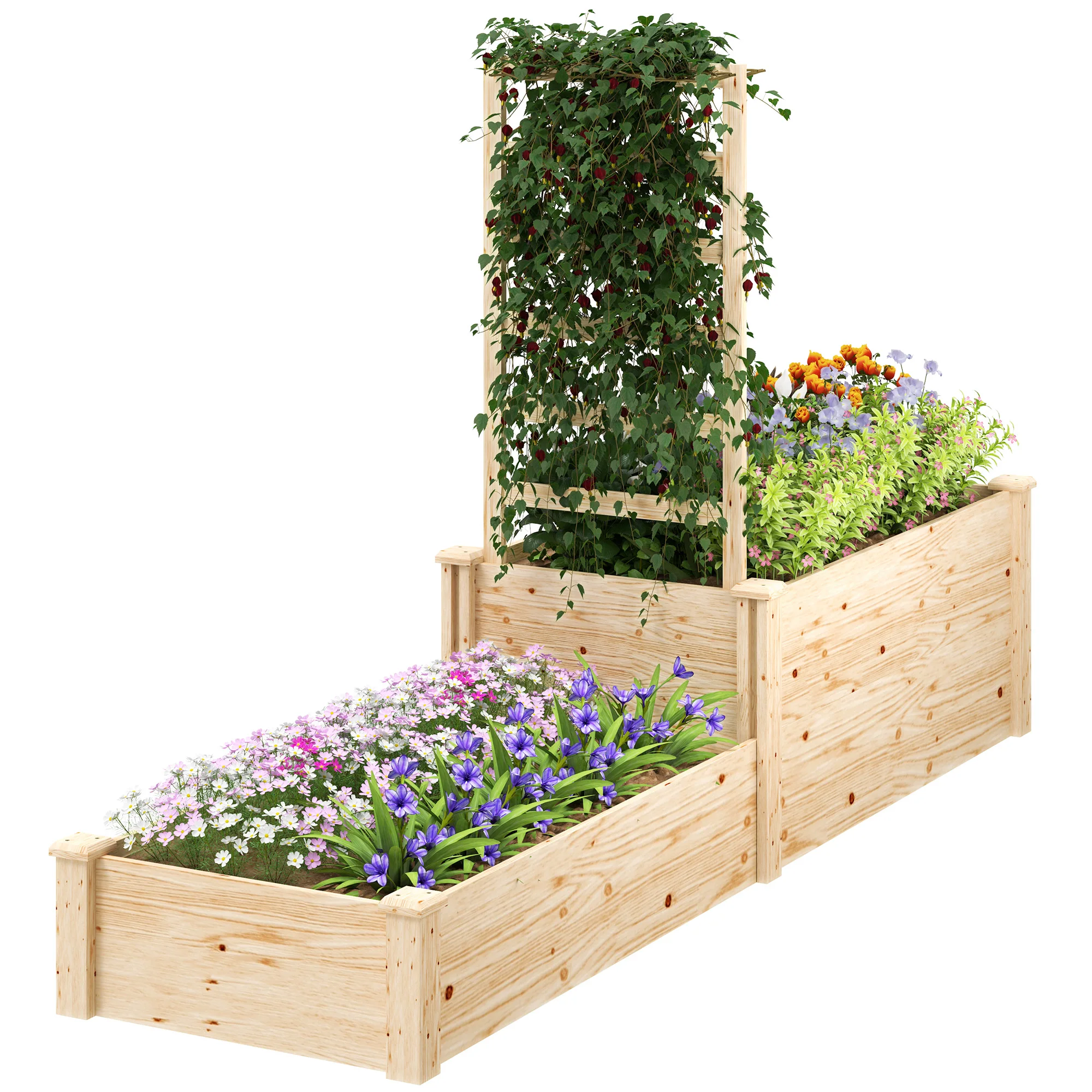 Outsunny Jardinera Exterior Grande de Madera Jardinera Elevada con Celosía para Plantas Trepadoras y 2 Cajas de Cultivo para Jardín Patio Terraza 222x63x132 cm Natural - imagen 2