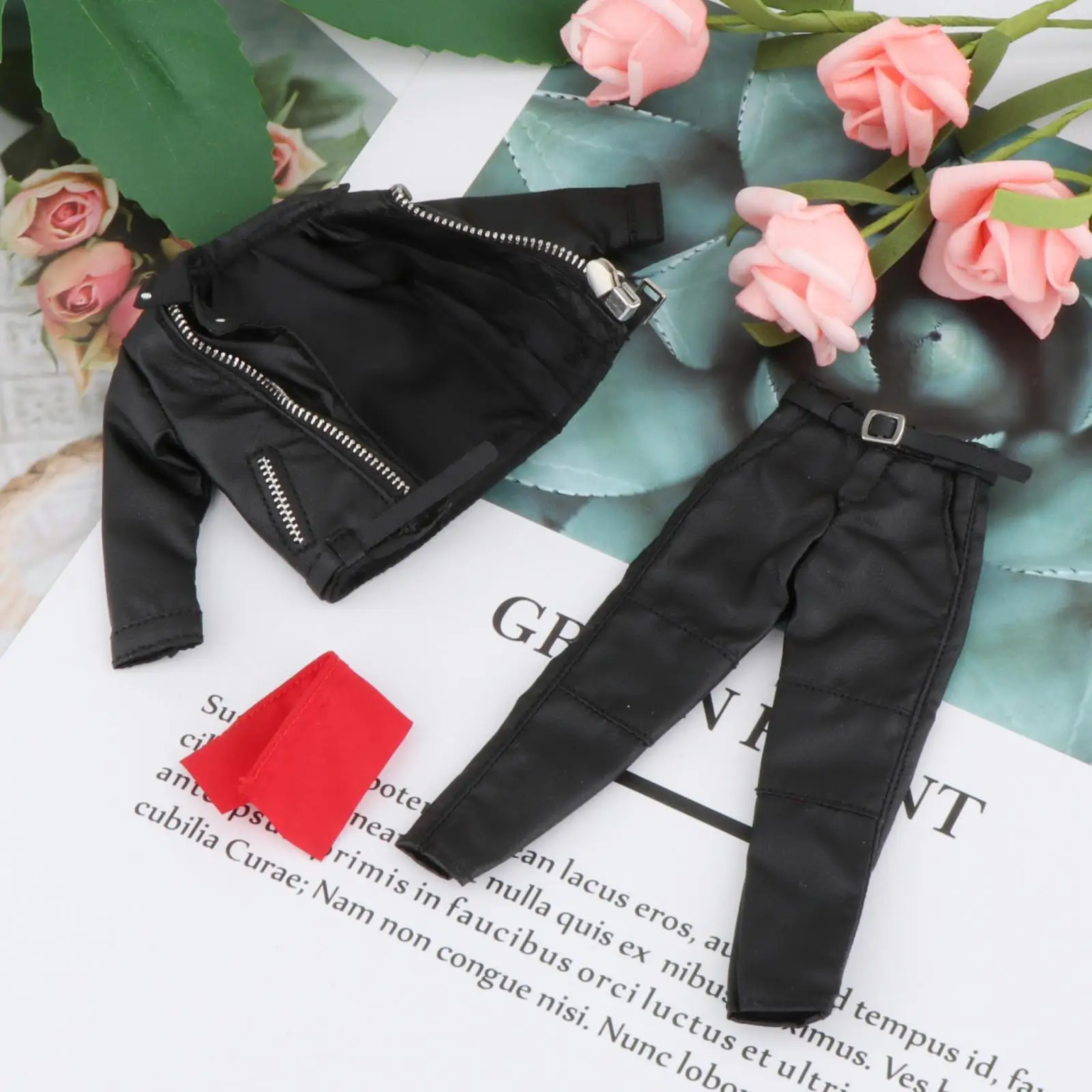 1:12 Man PU Leather Jacket Set with Pants Belt Scarf Handmade Action Figures Clothes Outfit Costume Miniature for 6'' Figures