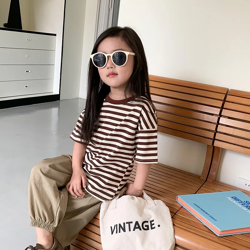 Camiseta de manga corta a rayas de verano para niños, camiseta de algodón a rayas azules, rojas, rosas y blancas para niños y niñas - imagen 2