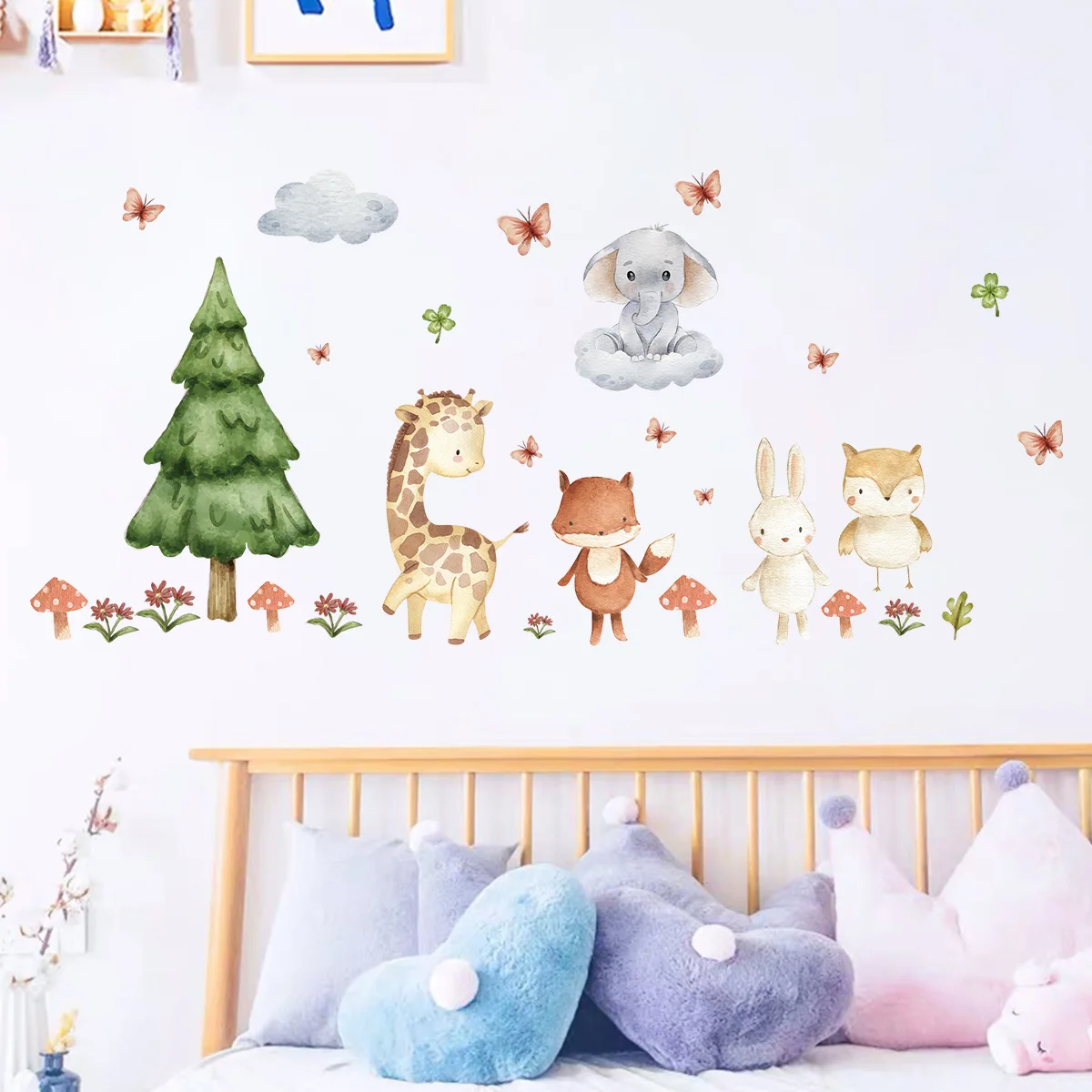 Pegatinas de pared de bosque de animales de dibujos animados, decoración para habitación de niños, calcomanías de pared autoadhesivas, decoración para habitación de guardería de bebé y guardería - imagen 5