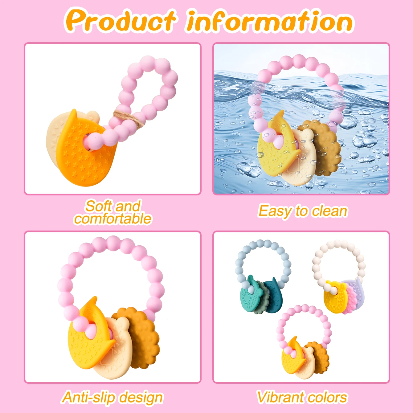 Mordedor de silicona de Color para niños, juguete para bebés, juguete para masticar animales de dibujos animados, anillo de dentición para niños pequeños, pulsera sin BPA, accesorios para bebés - imagen 4