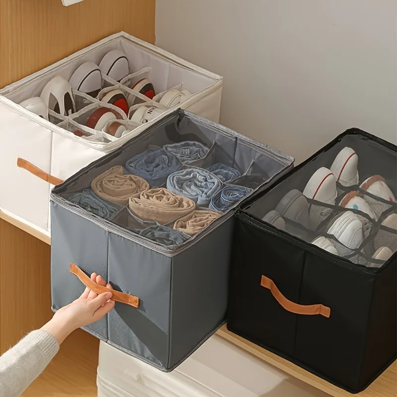 Organizador de zapatos plegable: caja a prueba de polvo de nailon Oxford |   Cremalleras de tapa y marrón, múltiples compartimentos que ahorran espacio para el hogar/viajes - imagen 2