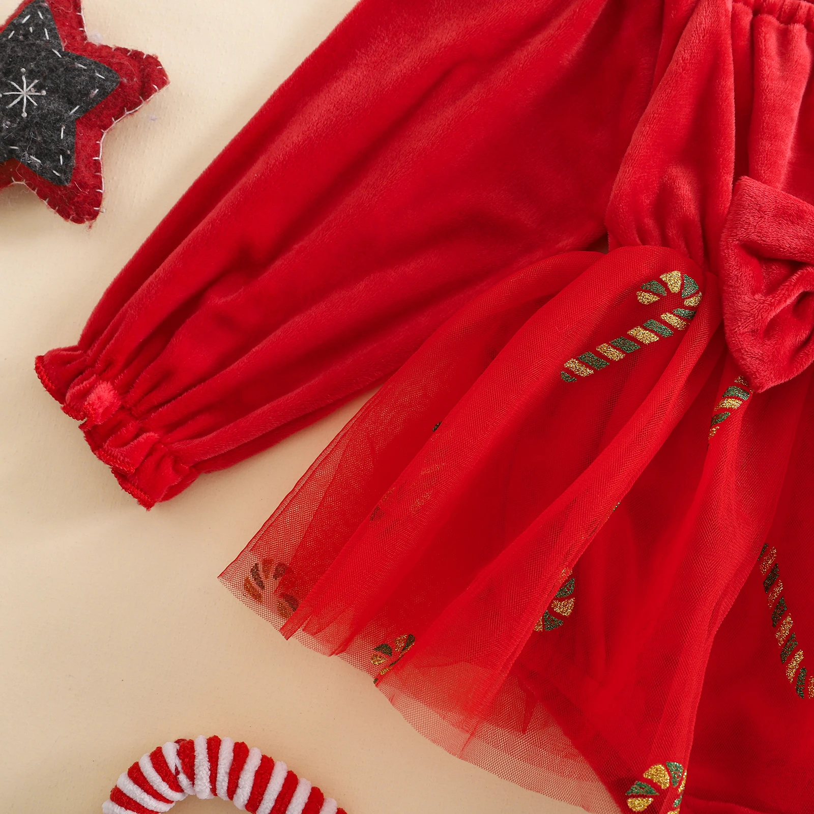 SUNSIOM, 2 uds., vestido mameluco para niñas, trajes de Navidad, falda de tul bordada con bastón de caramelo de manga larga con diadema, conjuntos de ropa - imagen 5