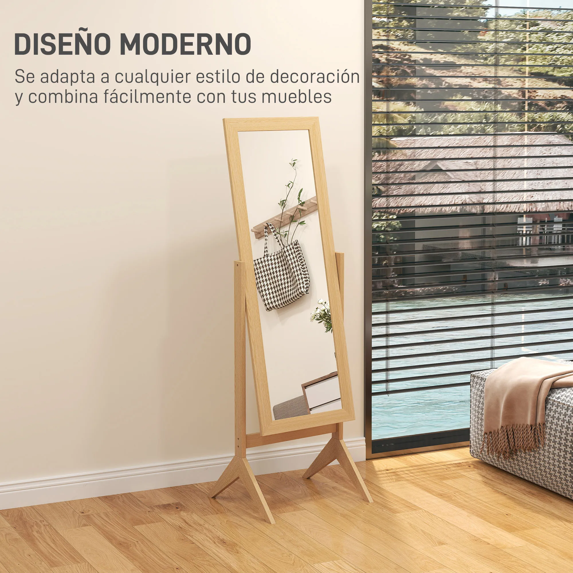 HOMCOM Espejo de Pie Cuerpo Entero Reclinable 47x46x148 cm, Espejo de Cuerpo Entero Independiente con Soporte y Marco rectangular, Para Dormitorio, Salón, Roble - imagen 5