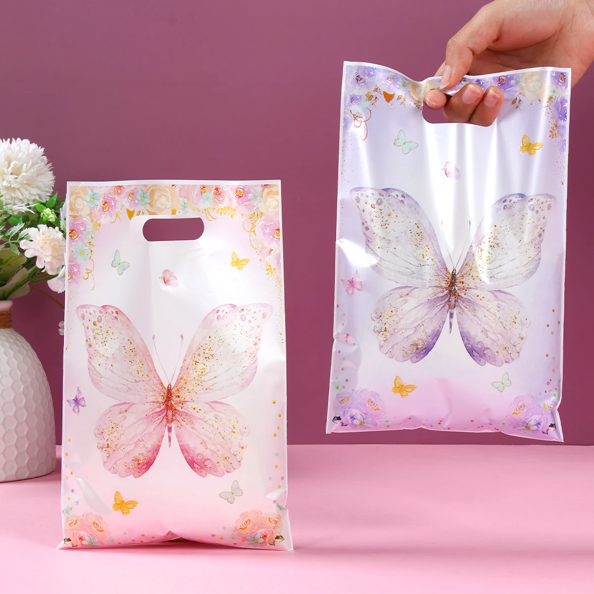 Bolsa de regalo de dulces de plástico con mariposa rosa y púrpura, decoración para fiesta de cumpleaños, suministros para fiesta de bienvenida al bebé, boda, cumpleaños, 10/24/50 Uds.