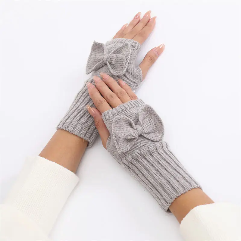 Guantes sin dedos para mujer, manopla más cálida para invierno, ropa suave para niñas con manga Kawaii, guantes tejidos con lazo para invierno, regalo - imagen 3