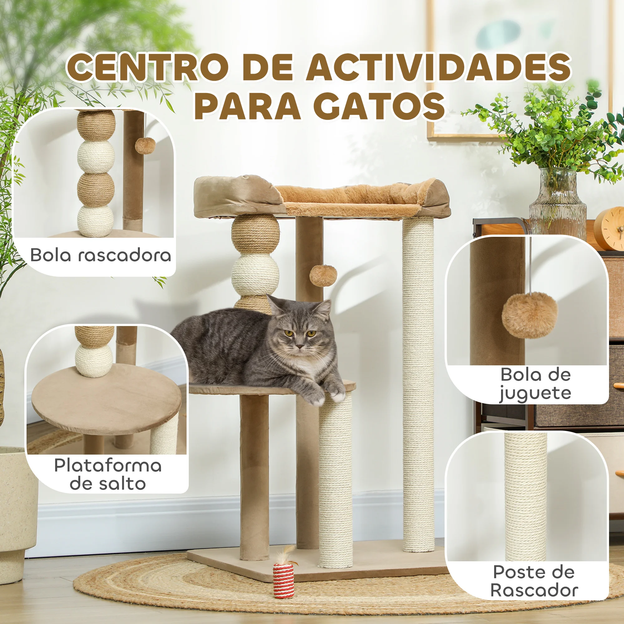 PawHut Árbol Rascador para Gatos, Árbol para Gatos 86 cm, Torre Escalador con Cama, Plataforma de Salto, Postes de Yute y Bolas de Juguete, Marrón y Beige - imagen 5
