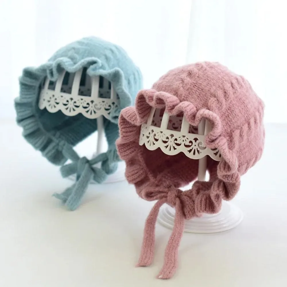 Gorro con capucha para niña de invierno, gorro infantil con protección para los oídos para otoño e invierno, gorro de lana cálido, gorro tejido de encaje para niña de 0 a 2 años