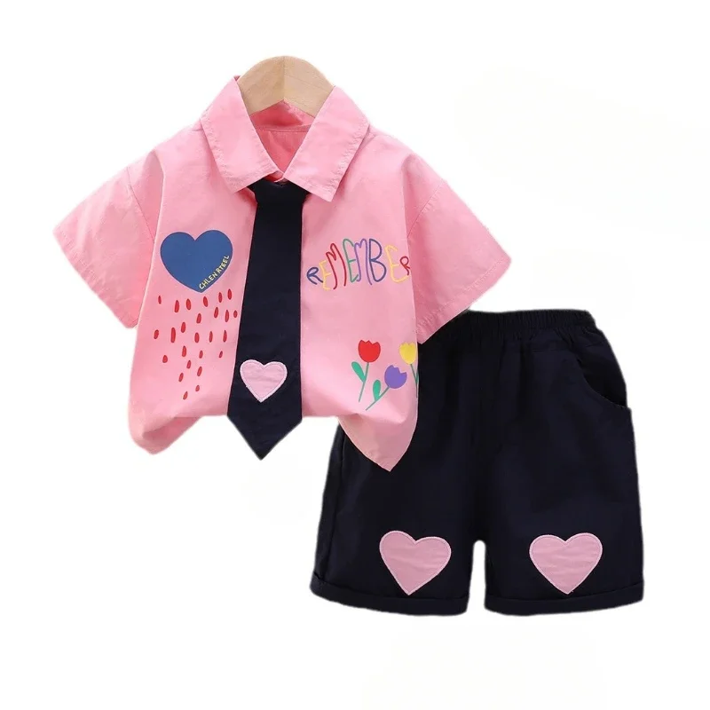 Nueva ropa de verano para bebés, traje para niños, camisa de manga corta, pantalones cortos, 2 unids/set, ropa para niñas, disfraz informal de algodón para niños pequeños
