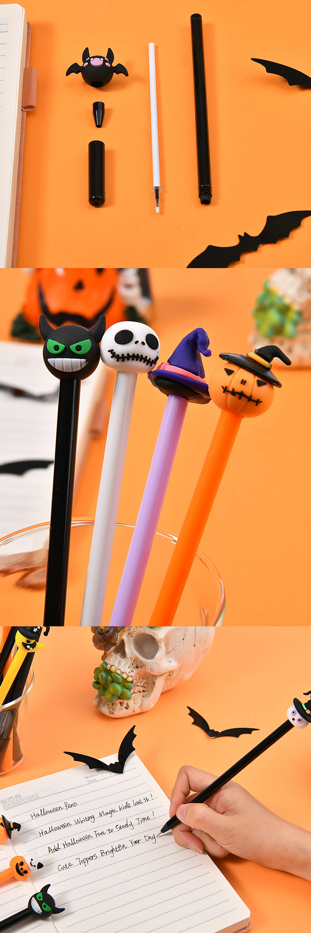 Detalle de los bolígrafos de gel decorativos para fiestas de Halloween