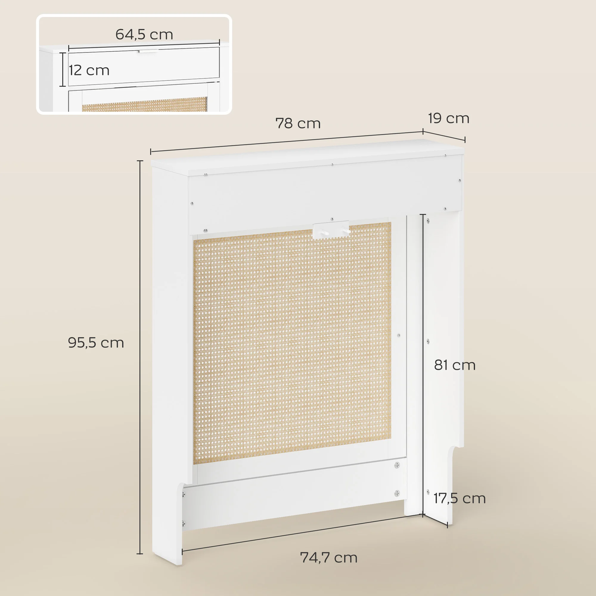 HOMCOM Cubre Radiadores con Puertas Abatible y Ratán, Cubreradiador de MDF, Cubierta para Radiador, Compartimento, Diseño Bohemio, para Salón, Dormitorio, Blanco - imagen 3
