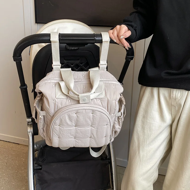 Bolsa de pañales multifuncional para recién nacidos, mochila sencilla de moda coreana, bolso para cochecito de Color sólido de gran capacidad - imagen 3