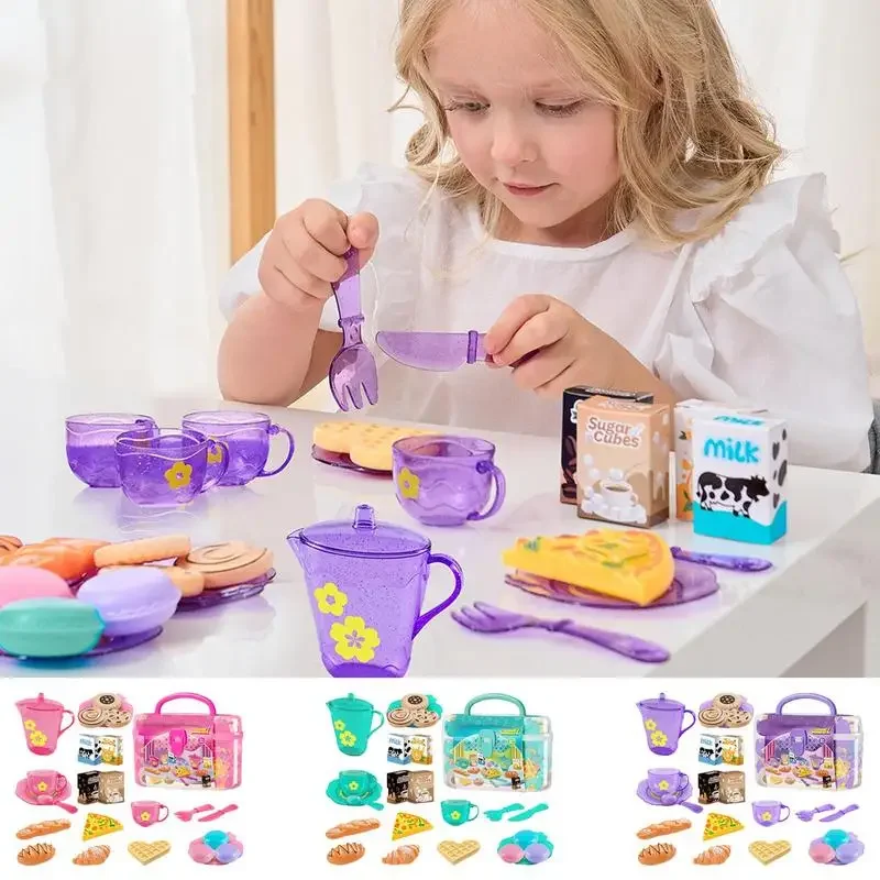 Juego de té de juguete para niñas pequeñas, juego de fiesta de té, juguetes para niños y niñas, juego de simulación, comida de cocina, aperitivos en miniatura, juegos de té de la tarde, Juguetes - imagen 2