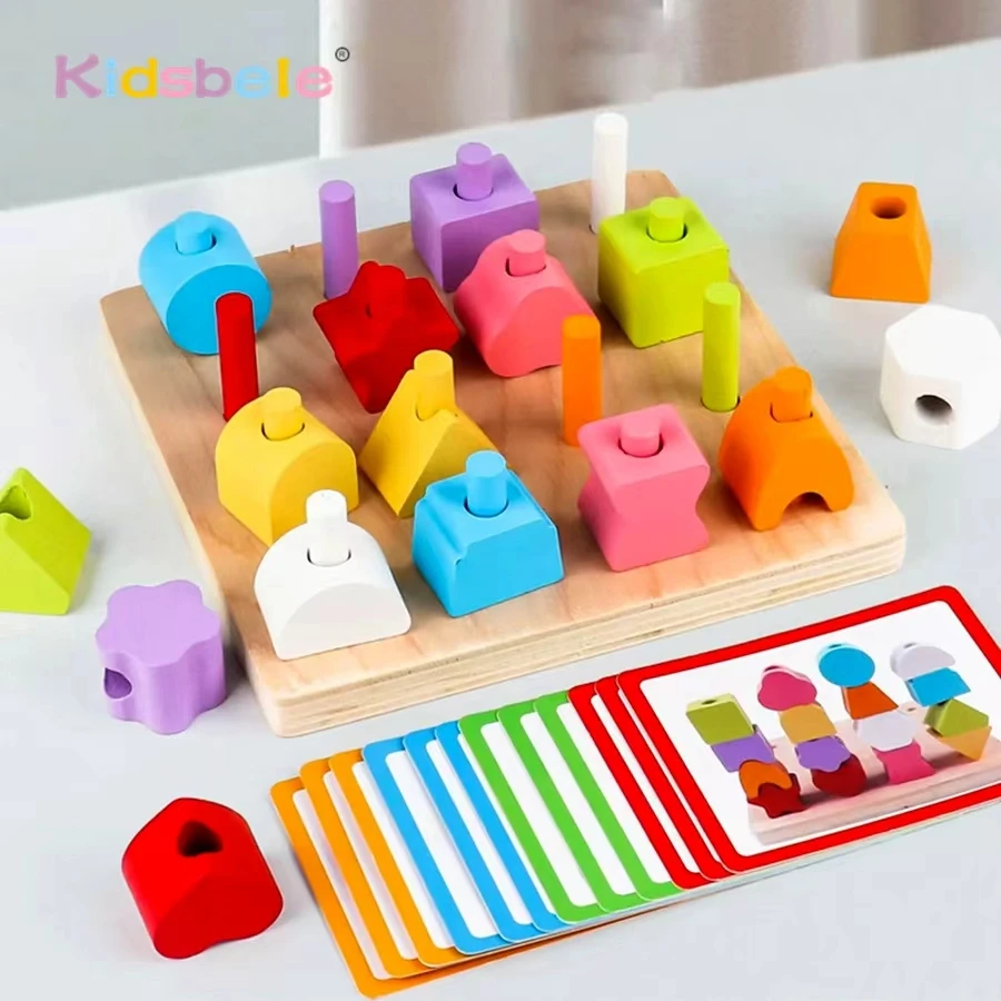 Juego de enhebrado de cuerdas de cuentas de madera Montessori, juego de rompecabezas a juego con formas geométricas de colores, clasificación de colores, juguetes de aprendizaje preescolar