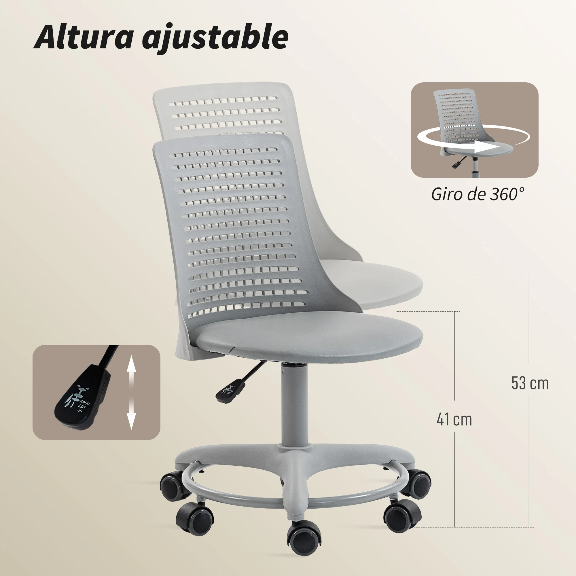 HOMCOM Silla de Escritorio sin Brazos, Silla de Oficina Giratoria, con Respaldo Hueco, Asiento Acolchado de Espuma de Alta Resiliencia, Altura Ajustable, Negro - imagen 5