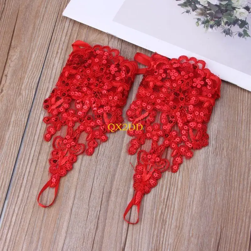 QX2D Bordado sin dedos Flower Guantes boda Girl Girl Vestido novia Vestido boda Hollow Hollow Out Guades Bead - imagen 2