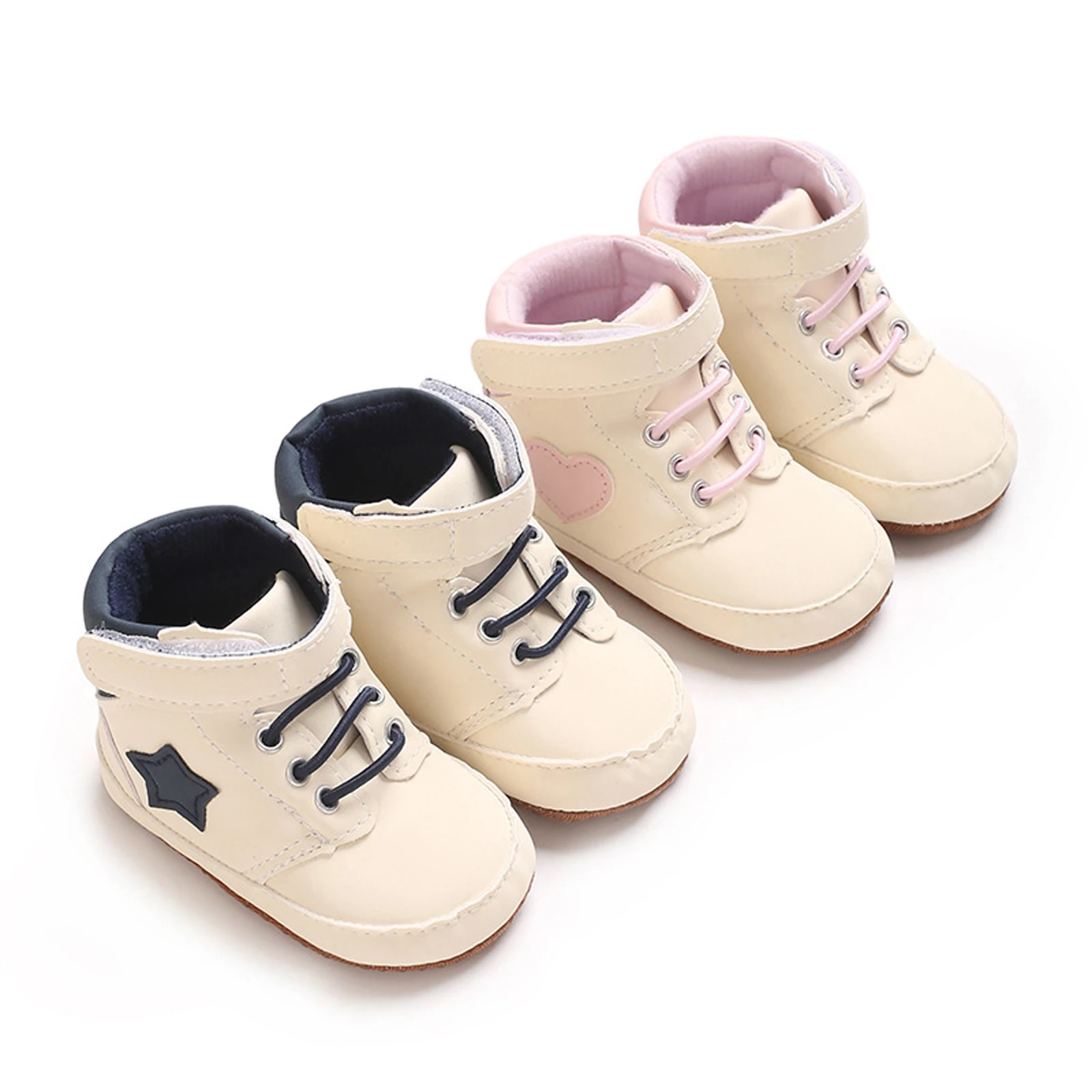 Zapatillas altas para niños pequeños, zapatos planos informales con parche de estrella/corazón, suela suave, zapatos transpirables para caminar para bebés recién nacidos