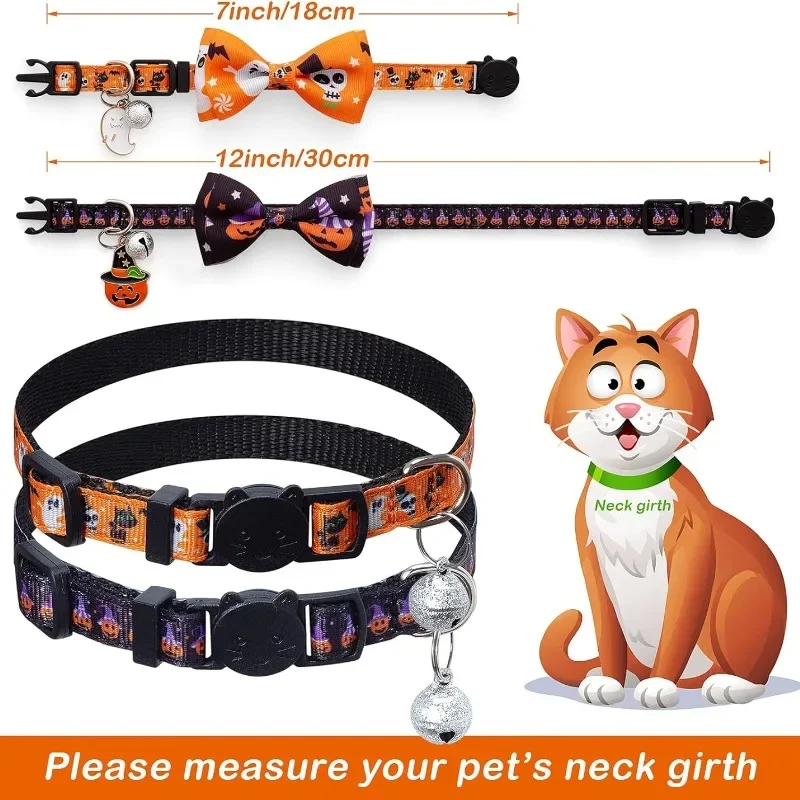 Collar de gato de Halloween con pajarita y campana, Collar de gatito ajustable para gatito, gatos adultos, suministros para mascotas, 1/4 Uds. - imagen 2