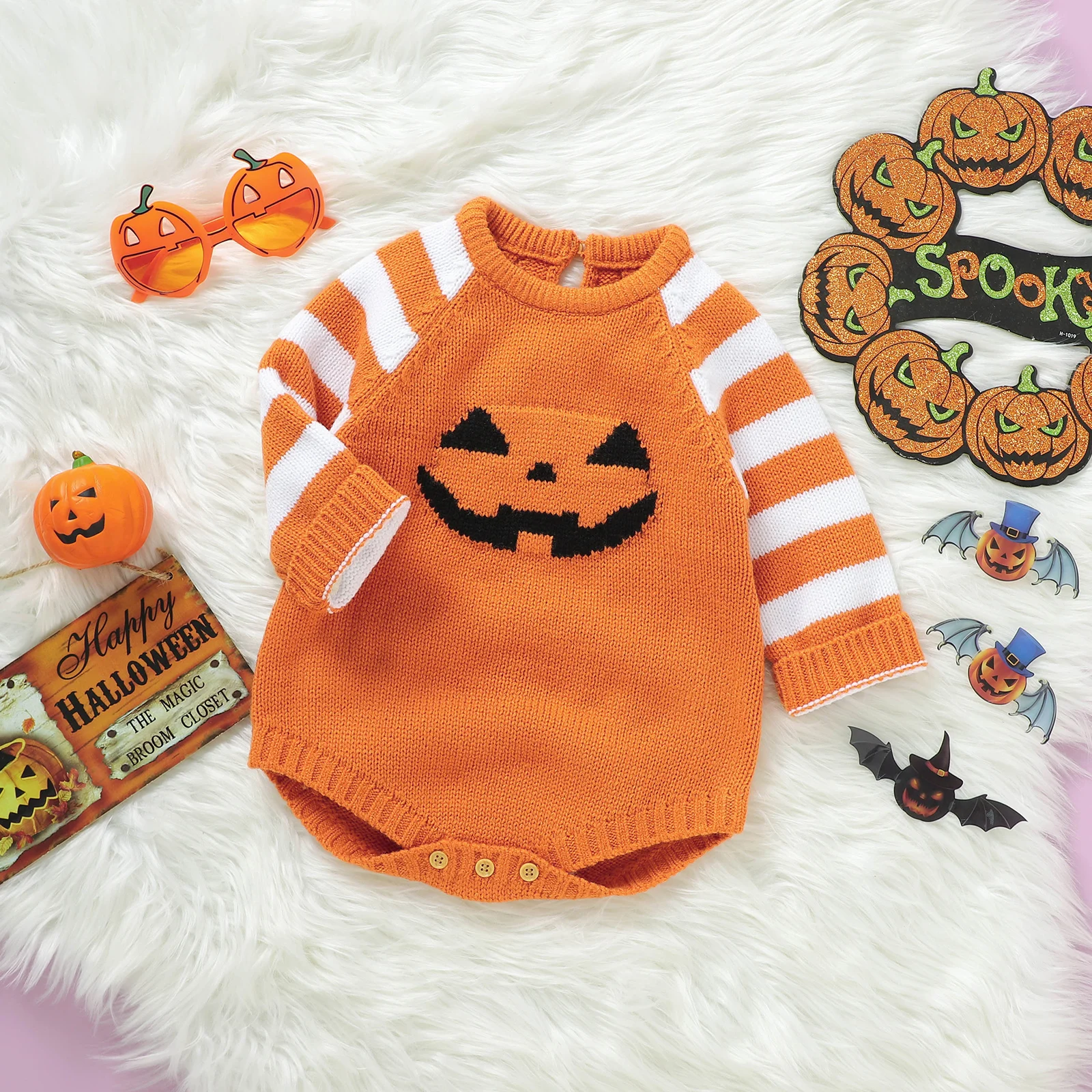 Body de Halloween para bebé, mono de punto de calabaza para recién nacidos, niños y niñas, mono de manga larga con cuello redondo, trajes de invierno para niños pequeños de 0 a 18m
