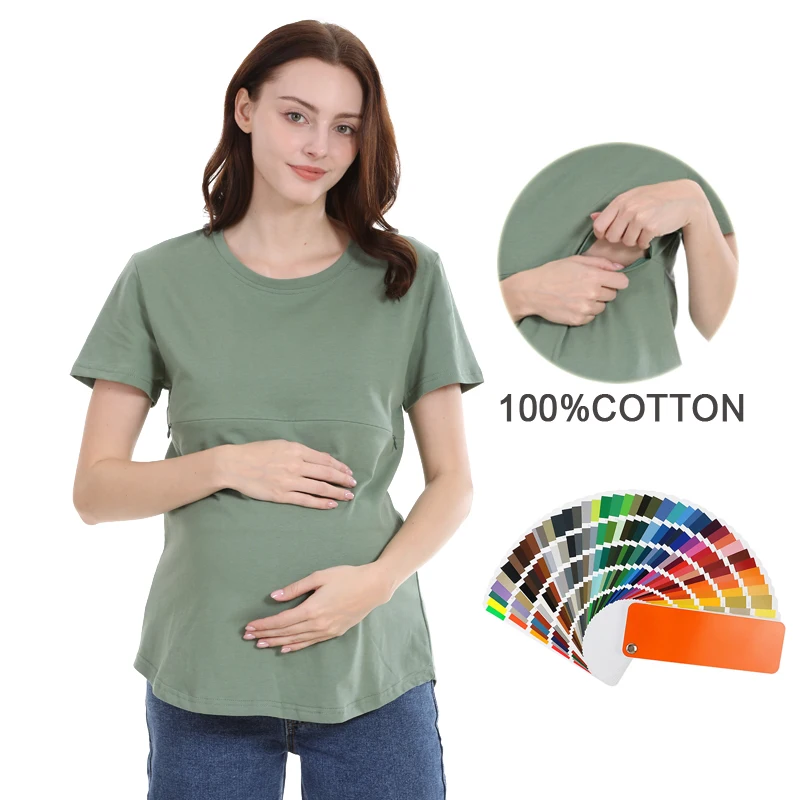 Camiseta de lactancia con cremallera lisa de verano, Tops de maternidad para embarazo, ropa de lactancia de manga corta, camisa para mujeres posparto de talla grande