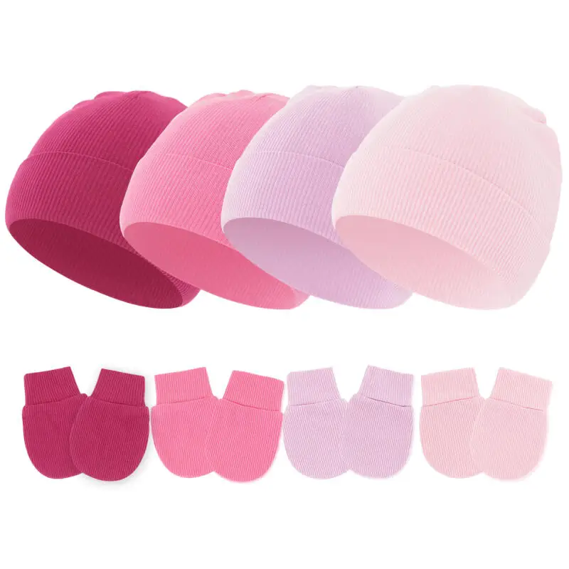 Set de gorros y guantes para bebe recien nacido – Color solido - imagen 3