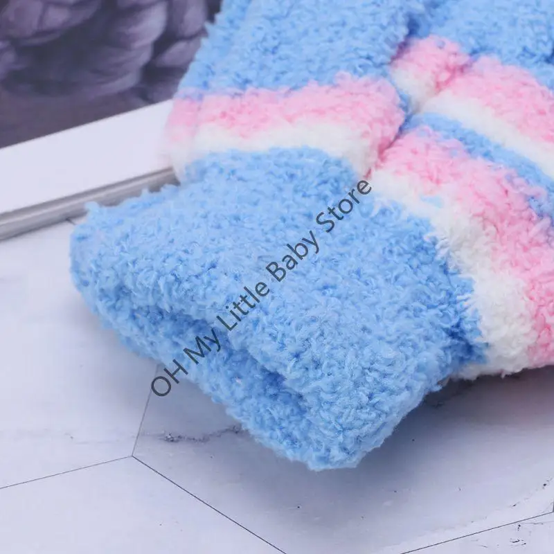 M76C Manoplas mullidas para bebé, guantes a rayas felpa, manoplas con dedos completos, manoplas cálidas invierno, guantes - imagen 3