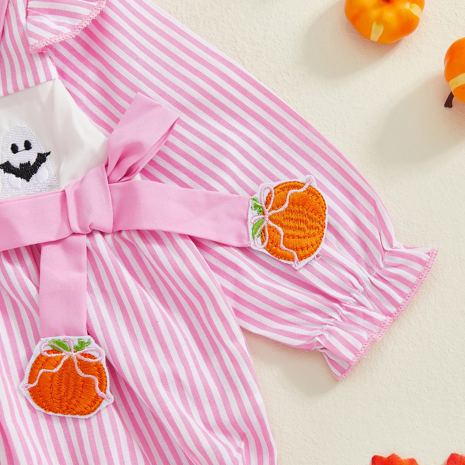 Pelele a rayas de Halloween para niña de 0 a 18 meses, mono de burbujas con cuello de muñeca de manga larga bordado de calabaza fantasma - imagen 5