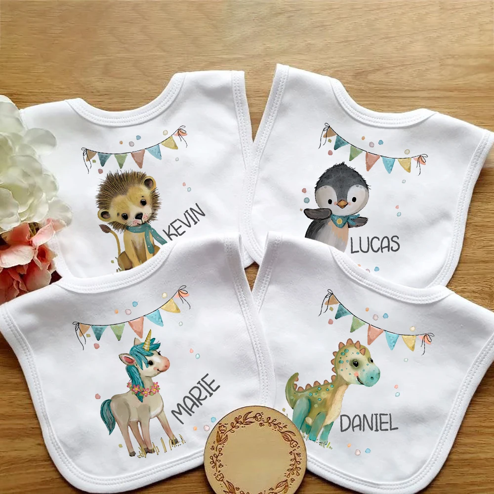 Baberos personalizados para bebé, Animal con nombre, babero de algodón para niños y niñas, toalla de Saliva personalizada para recién nacido, babero de dibujos animados para recién nacido, regalo de ducha infantil