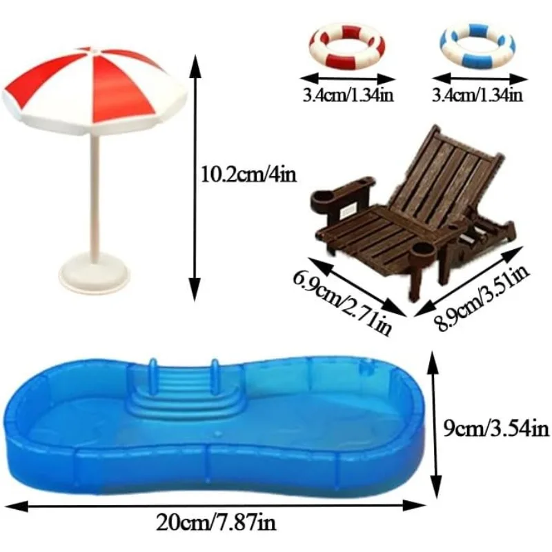 Juego de decoración para casa de muñecas en miniatura de playa con silla tipo paraguas, anillo de natación, juego de piscina para casa de muñecas, accesorios de juguete - imagen 2