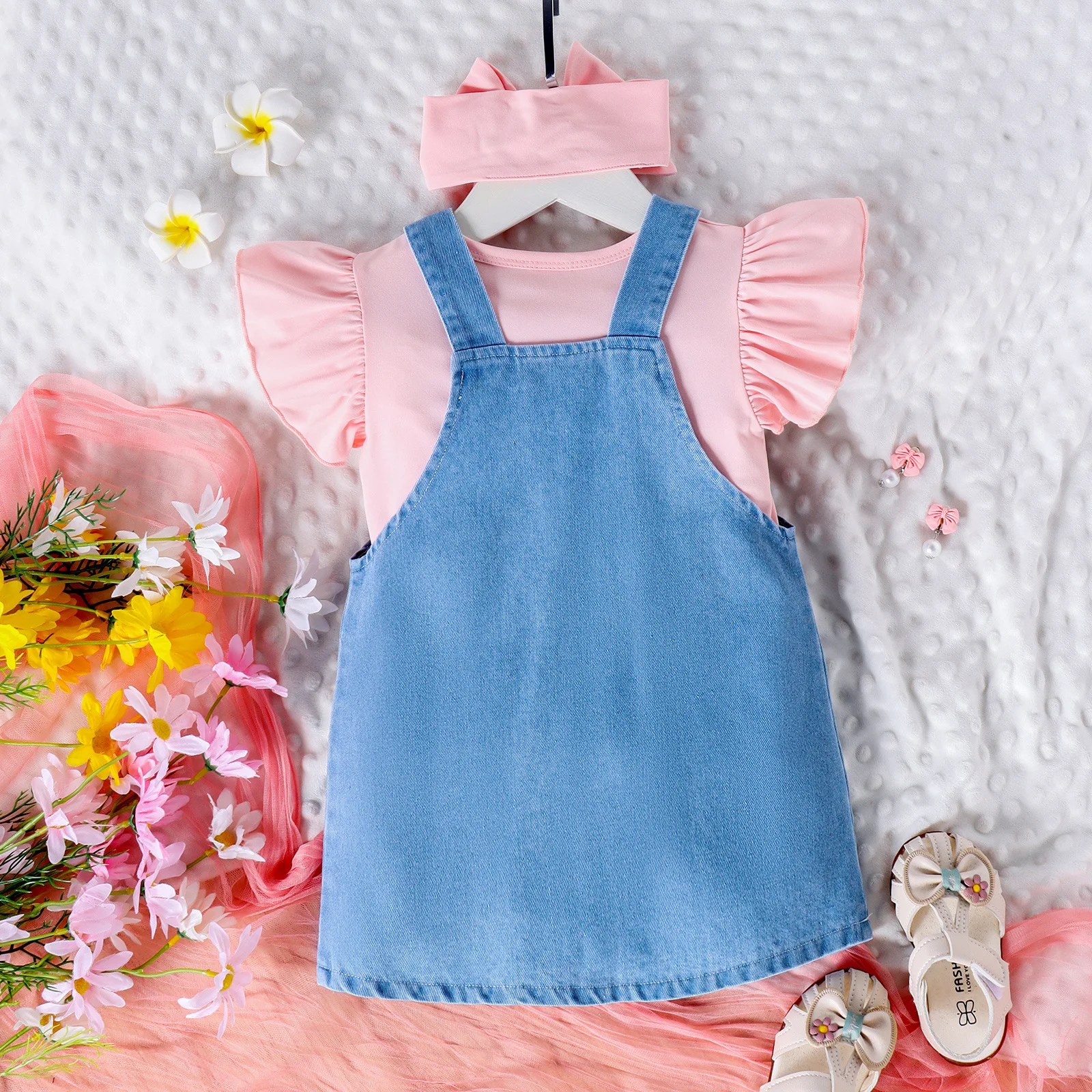 Conjuntos de 3 piezas de ropa de verano para bebé, vestido vaquero sin mangas con flores bonitas coreanas, Tops y banda para el pelo, ropa de Boutique para niños pequeños BC838 - imagen 3