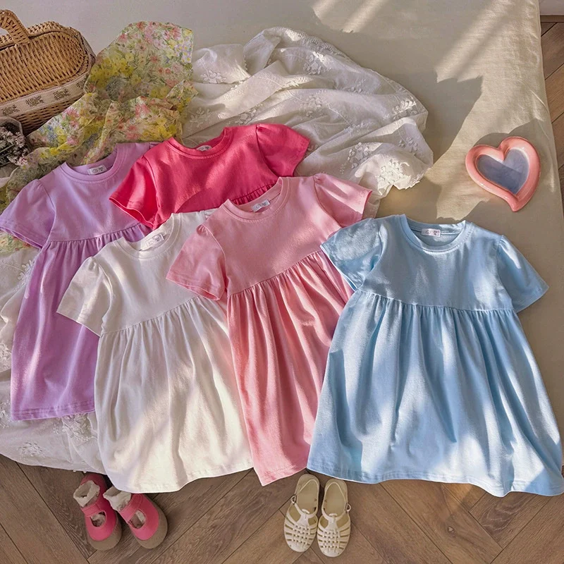 Vestido verano manga corta niñas – Casual suelto liso estilo princesa