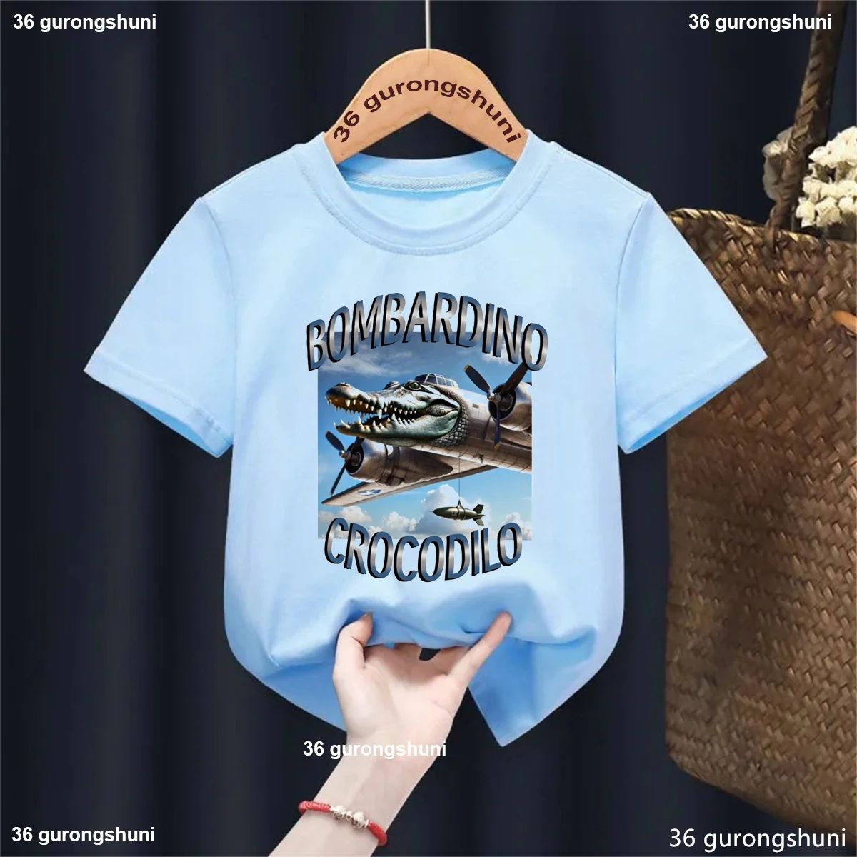 Bombardino Crocodilo italiano Brainrot Camiseta estampada niñas/niños divertidos Kawaii ropa para niños verano blanco negro gris azul camiseta - imagen 5