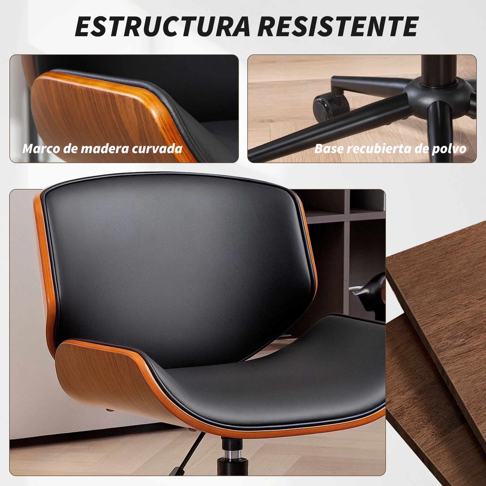 HOMCOM Silla de Oficina sin Brazos Silla de Escritorio Vintage Giratoria Tapizada en PU Madera Curvada Altura Ajustable Respaldo Curvado Función de Basculante Negro y Marrón - imagen 5