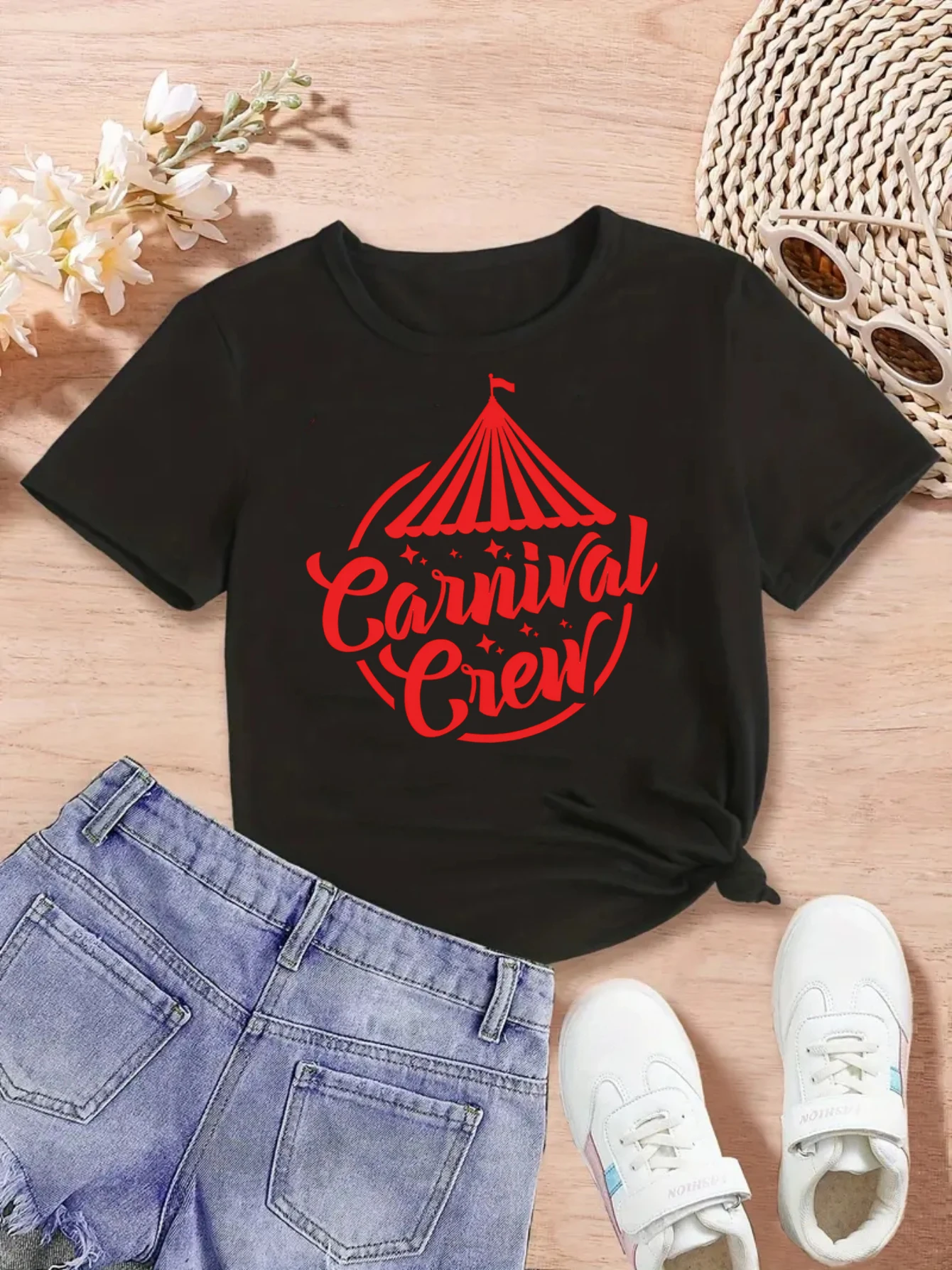 Camiseta con estampado de letras de equipo de carnaval para niñas/niños, camiseta de regalo de Mardi Gras, ropa Kawaii para niños, camisa de manga corta de verano para niños pequeños