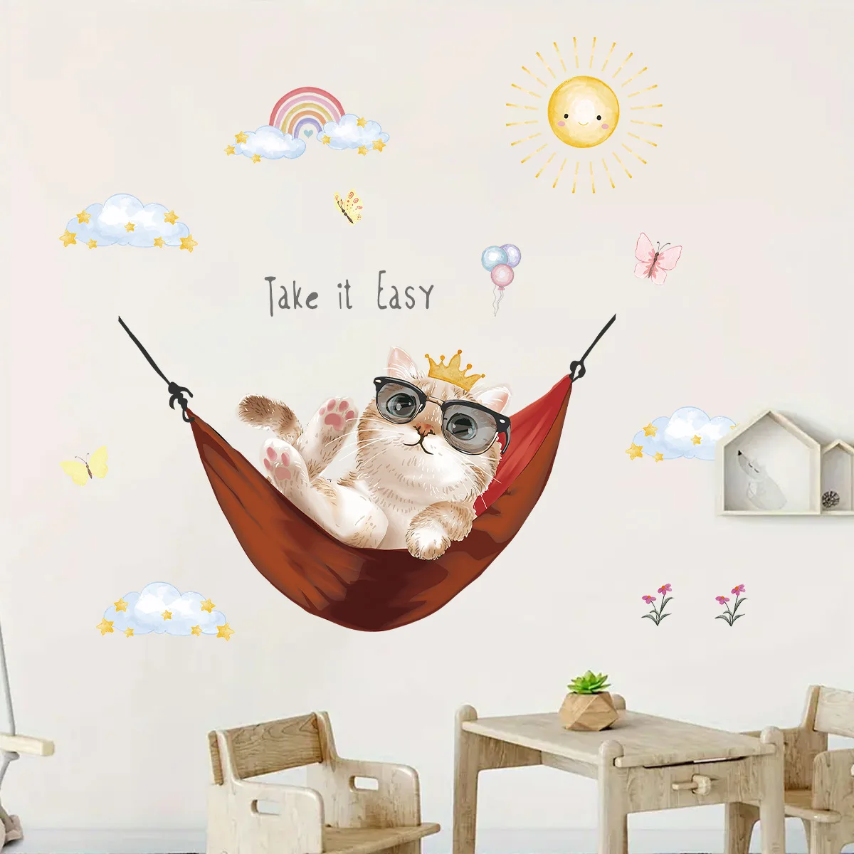 Pegatinas de pared con forma de gato de dibujos animados para relajarse en hamaca, decoración para habitación de niños, guardería, aula, guardería, calcomanías de pared