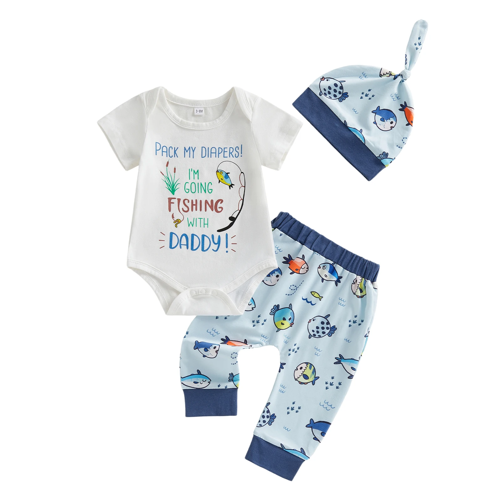 ViSgogo Conjunto de 3 piezas de verano para bebé, cuello redondo, manga corta, estampado de letras, mameluco, pantalones elásticos de cintura larga y sombrero - imagen 2