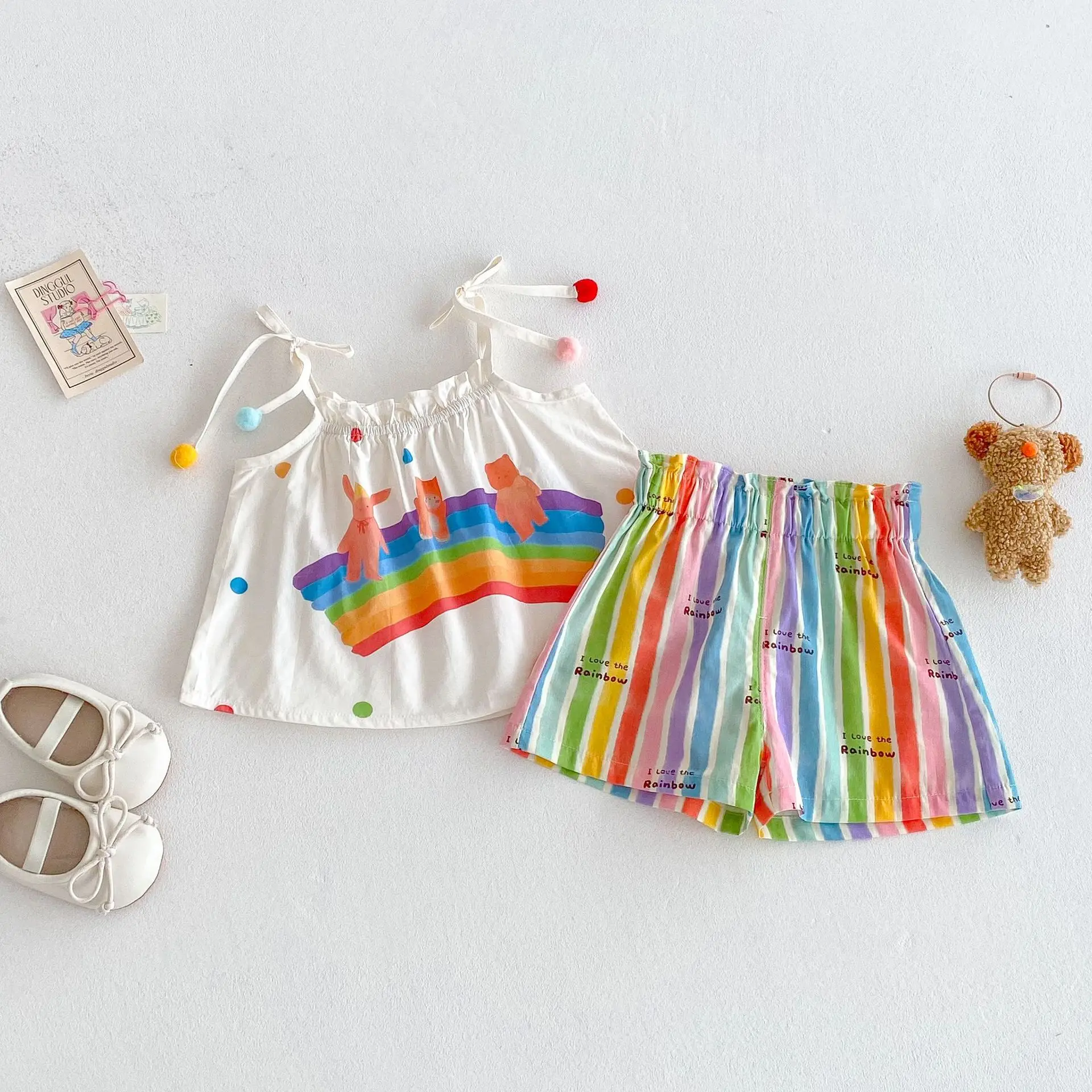 MILANCEL 9M-5T conjunto de ropa para niñas camisola con lazo de lluvia Tops y pantalones cortos a rayas 2 uds traje de verano para niñas