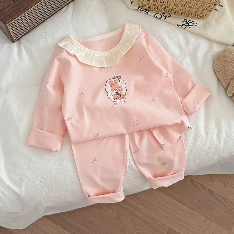 Conjunto de pijamas para niñas de 2 a 5T, ropa de descanso Floral de conejito de dibujos animados, ropa de hogar con rejilla coreana para niños, ropa de dormir con diseño de letras para niños - imagen 3