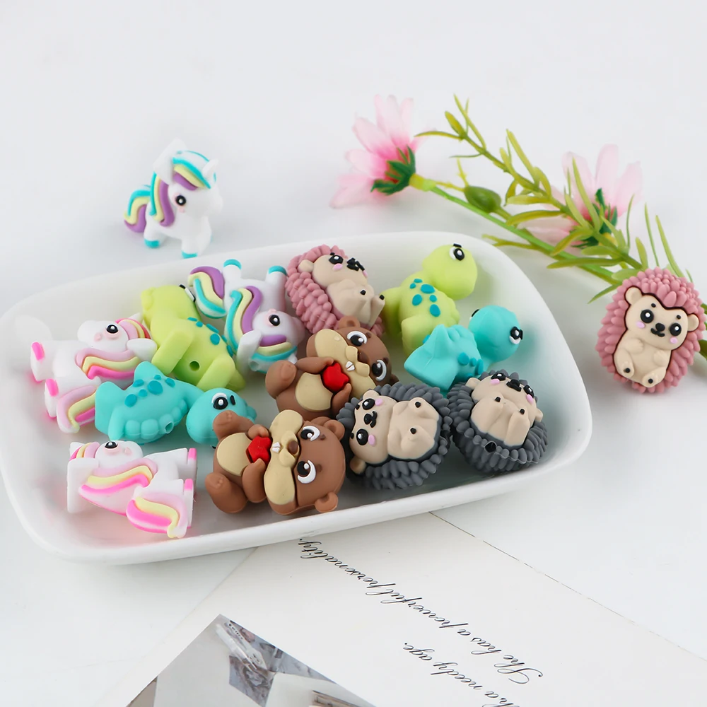 5/10 Uds. Cuentas de enfoque de silicona de dinosaurio erizo estereoscópico 3D para joyería DIY pulseras llavero pluma Etc. Productos hechos a mano - imagen 2