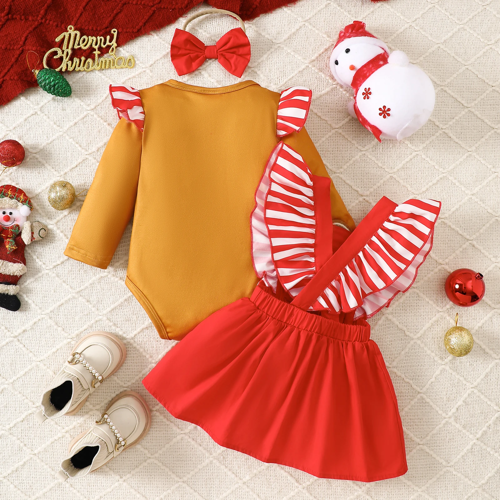 Conjunto de pan de jengibre para niña de 0 a 18 meses, pelele de manga larga con volantes, vestido general con mangas voladoras, diadema con lazo, conjunto de Navidad de 3 uds. - imagen 3