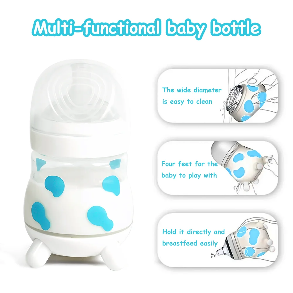 Biberón antiflatulencia con mango de dos colores PP de calibre ancho para recién nacido, bonito patrón de vaca, 180ml/270ml opcional - imagen 2