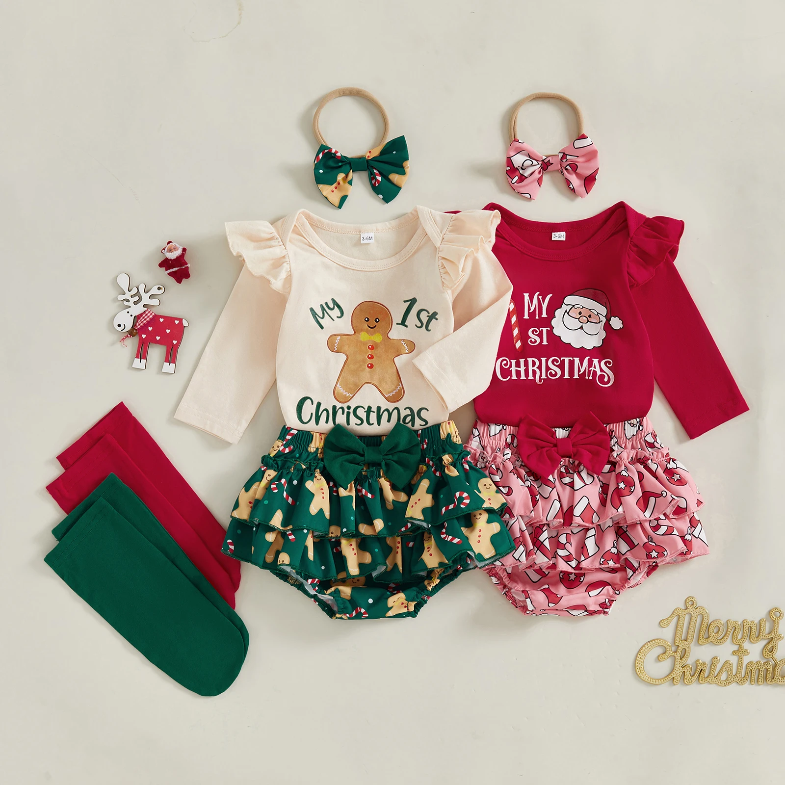 VISgogo Conjuntos de Navidad para niñas de manga larga con estampado de Papá Noel/pan de jengibre, pantalones cortos de PP escalonados, conjuntos de calcetines y diadema