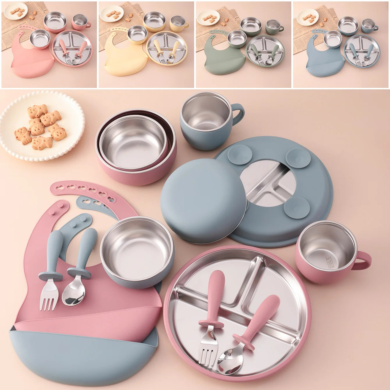 Set de alimentación infantil con ventosa de silicona y acero inoxidable