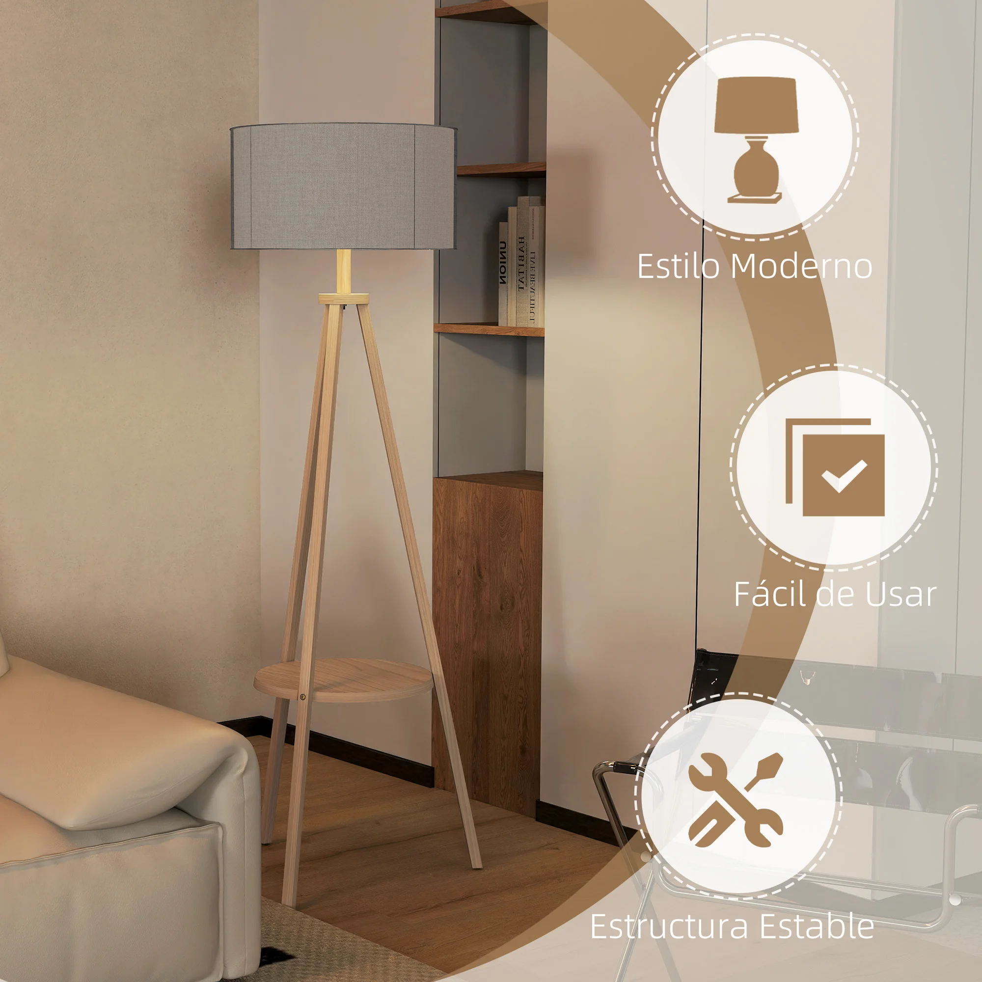 HOMCOM Lámpara de Pie Trípode con Estante Lámpara de Pie Salón con Pantalla de Lino Interruptor de Pie para Sala de Estar Oficina Dormitorio Gris y Natural - imagen 5