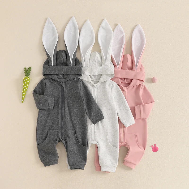 Mameluco con cremallera de Pascua para bebé, mono informal de manga larga con capucha y Orejas de conejo de Color sólido para recién nacido