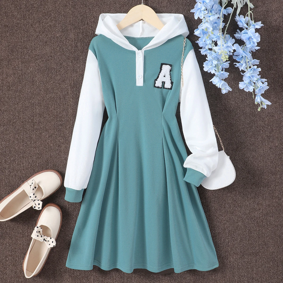 Vestido de manga larga con capucha para niños y niñas, ropa informal de Color contrastante con letras, 8, 9, 10, 11 y 12 años, otoño e invierno, 2023 - imagen 5